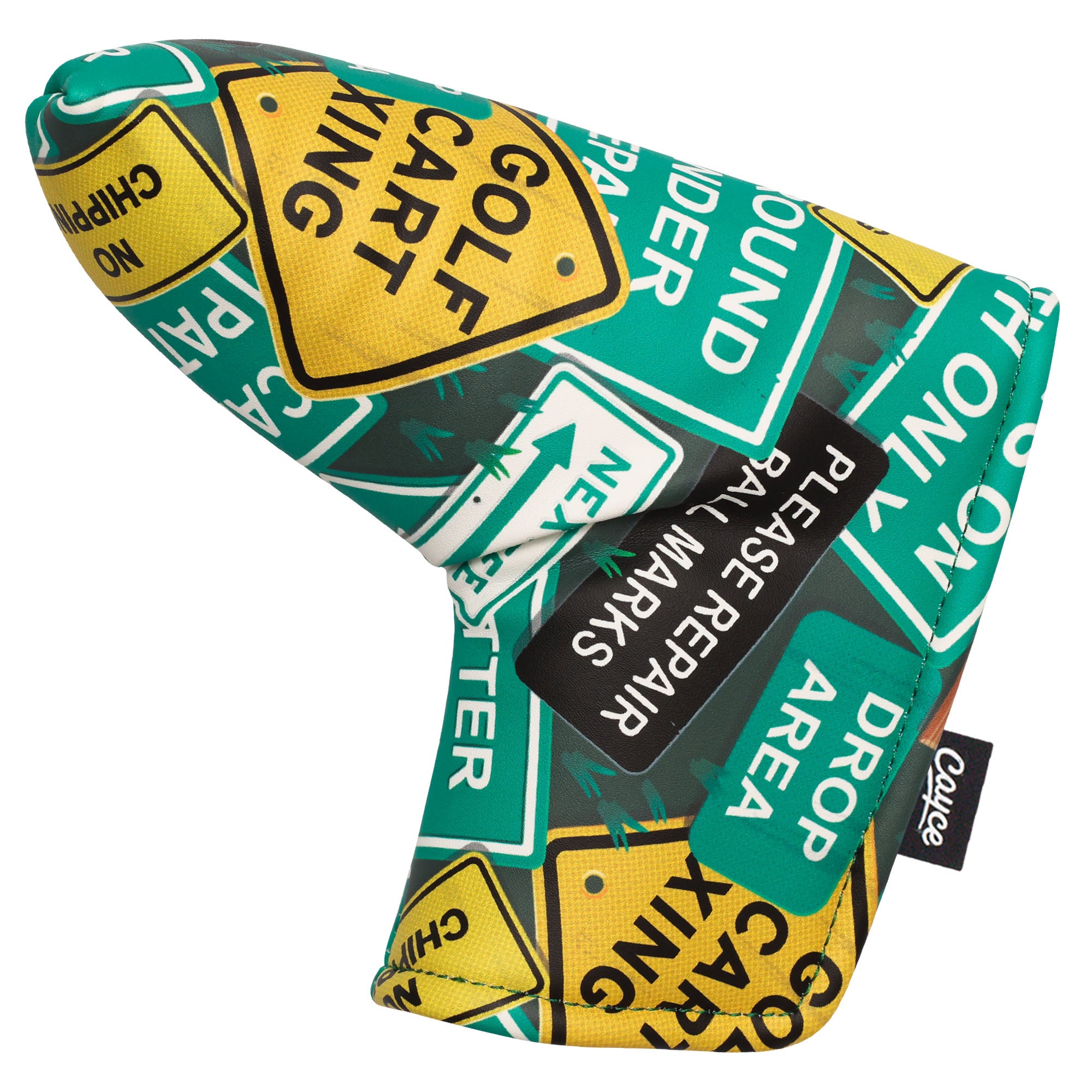 golf putter cover for blades with green and yellow golf course signs pattern from cayce golf 