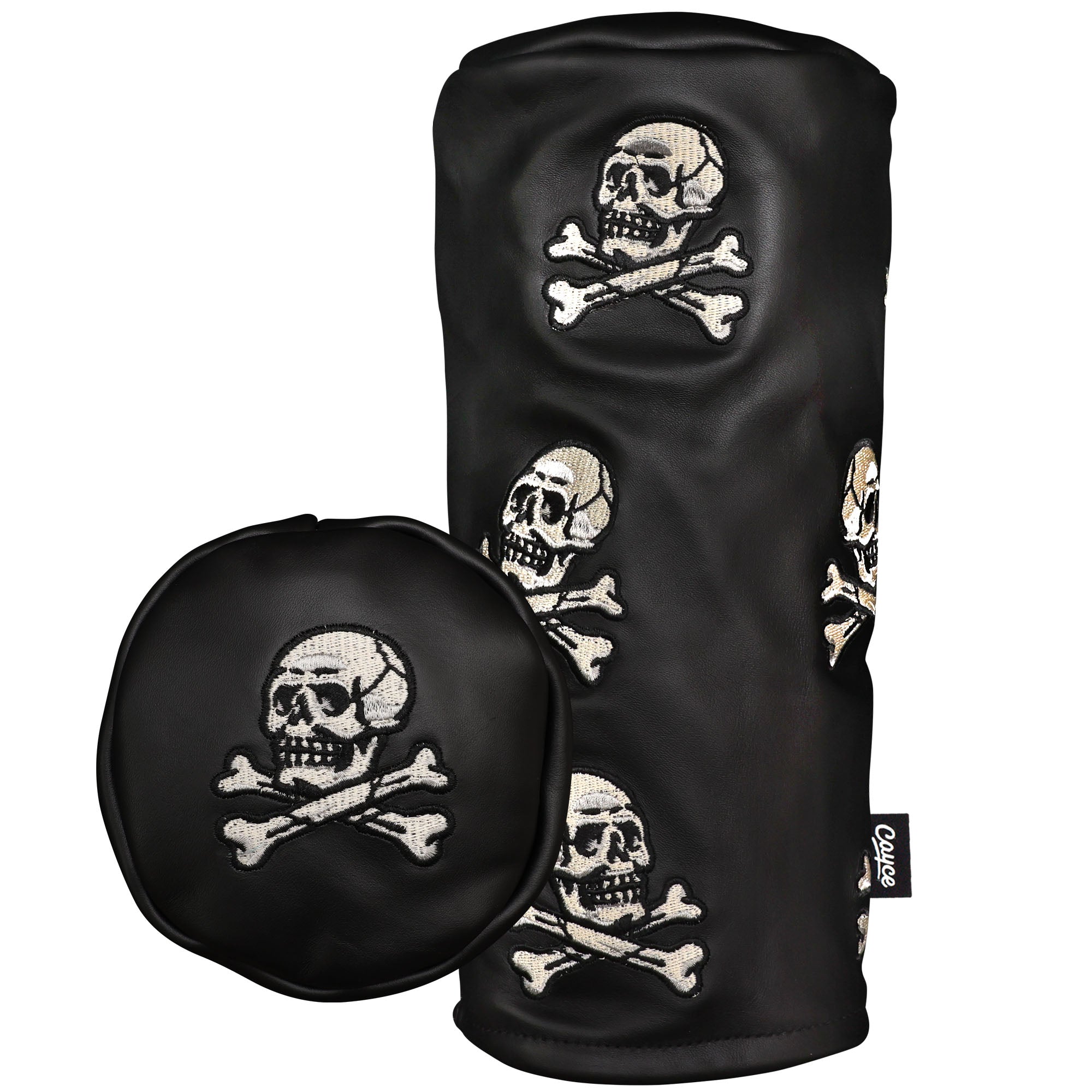 black leather golf head cover featuring dancing embroidered skull and crossbones from cayce golf